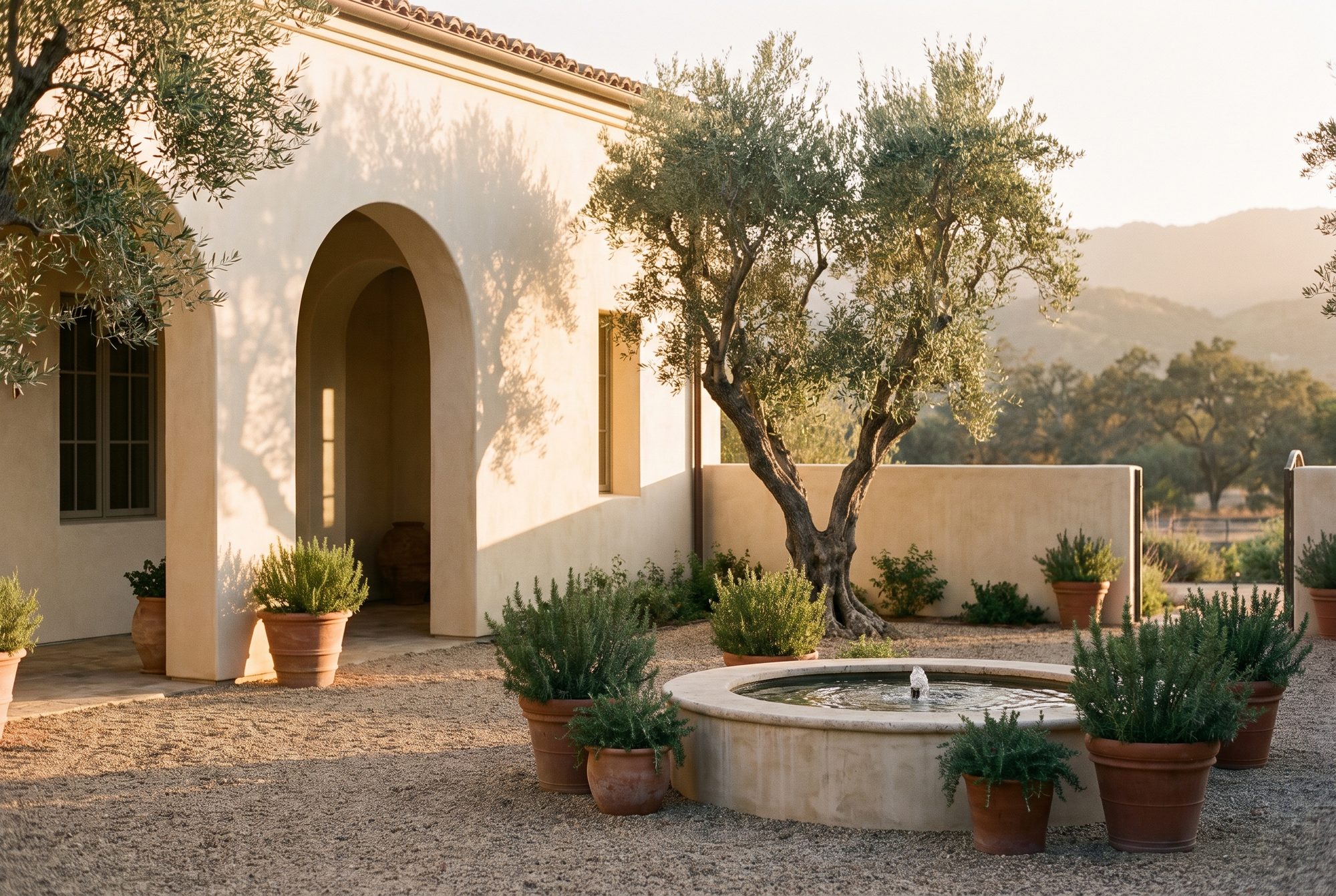 Plastered courtyard with olive tree in warm evening light