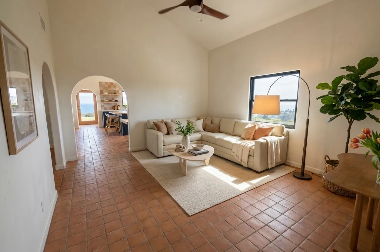 Living room with saltillo floors and an arched plaster passage