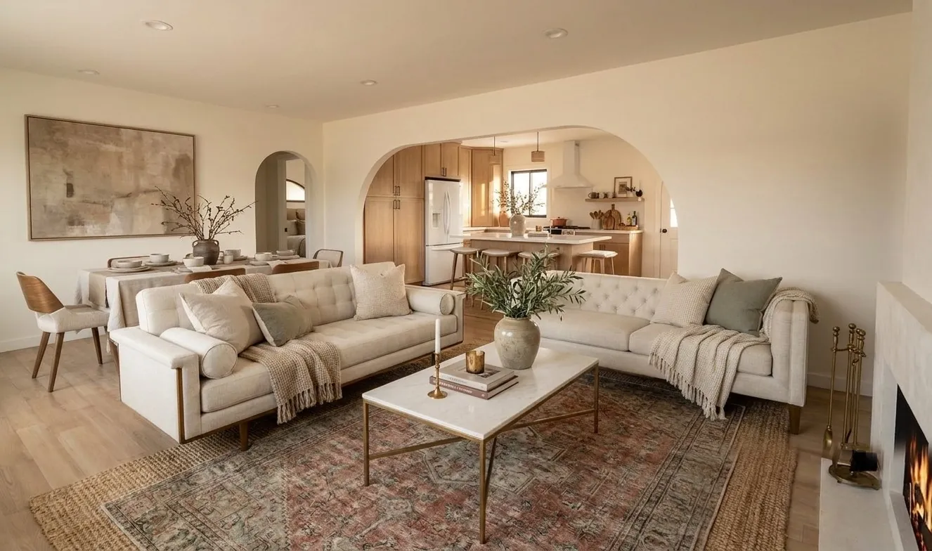 Hermar: open living and dining room with plaster fireplace