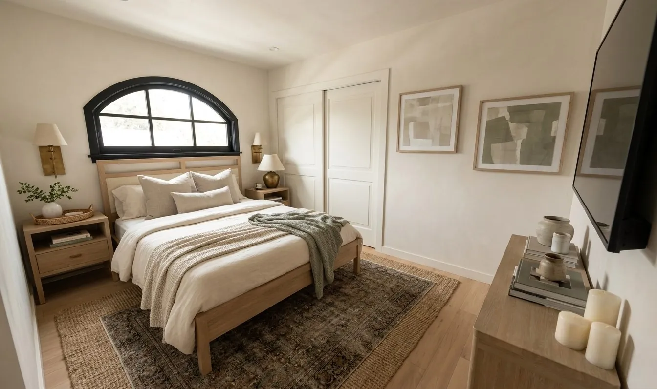 Hermar: primary bedroom with arched window