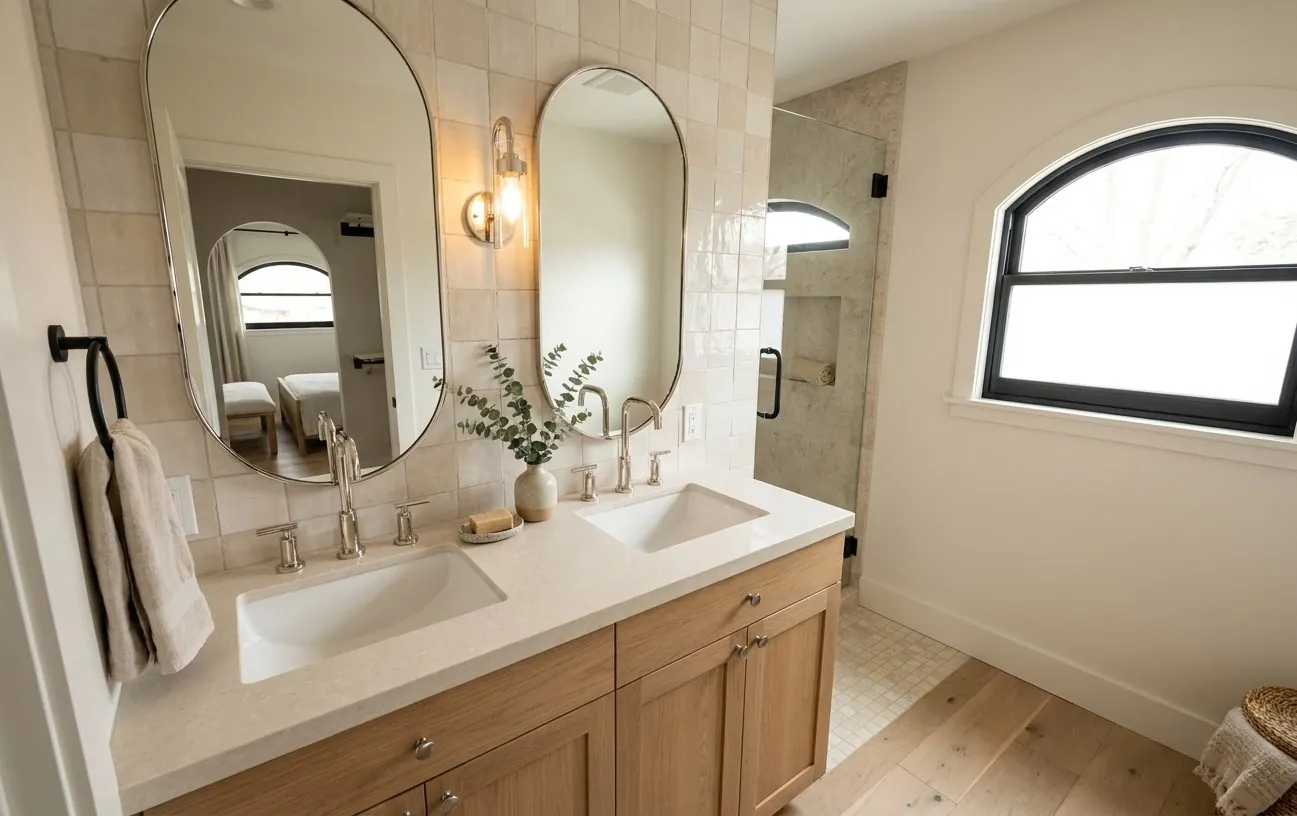 Hermar: primary bathroom with dual vanities and walk-in shower
