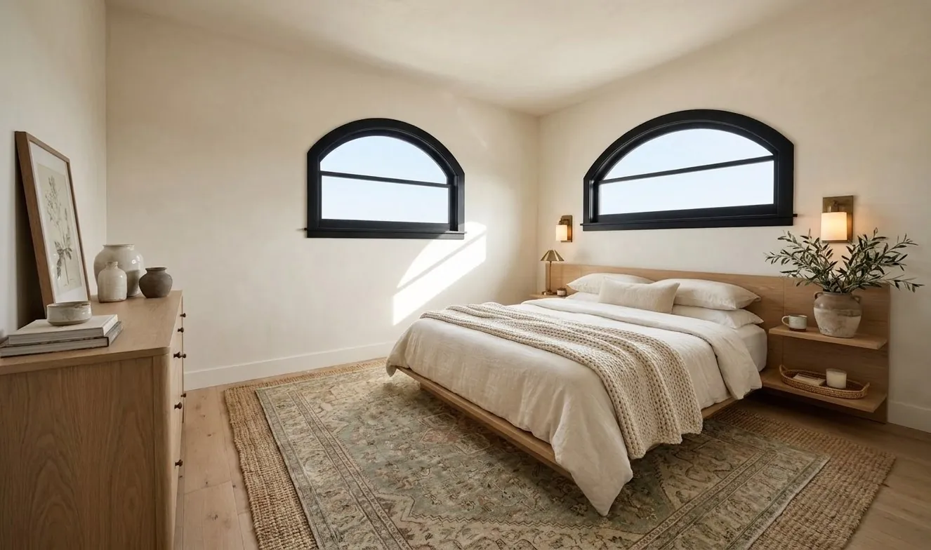 Hermar: secondary bedroom with paired arched clerestory windows