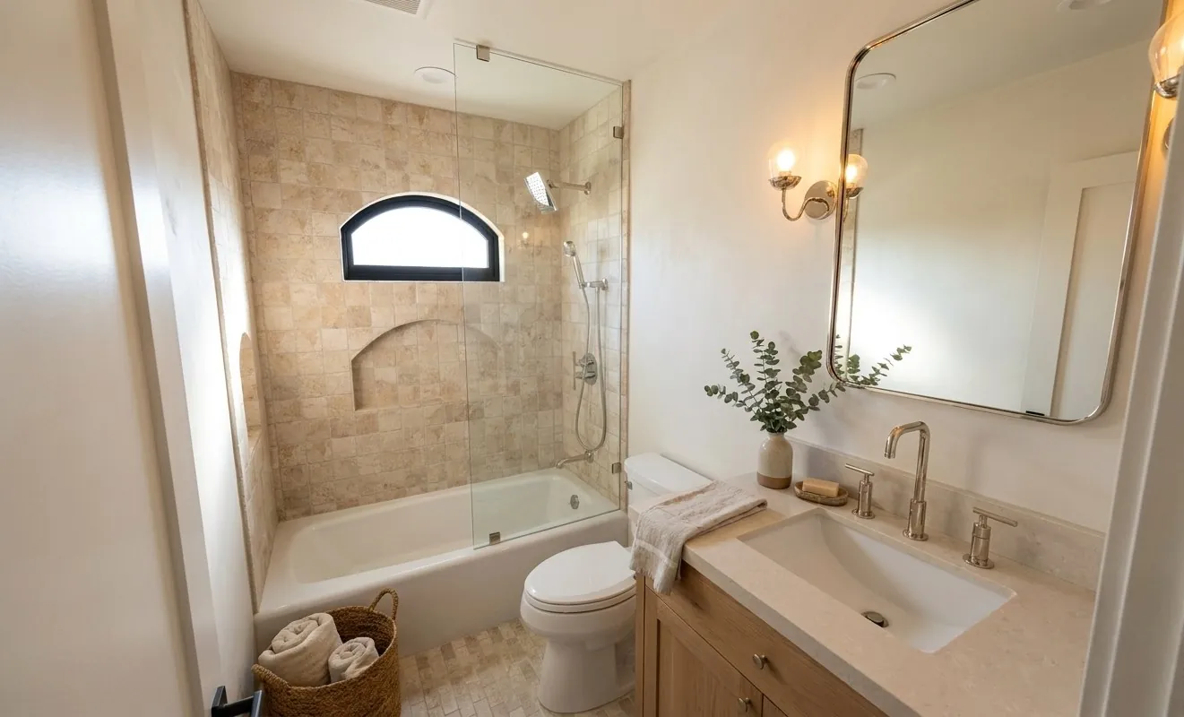 Hermar: hall bathroom with travertine tile and arched shower niche