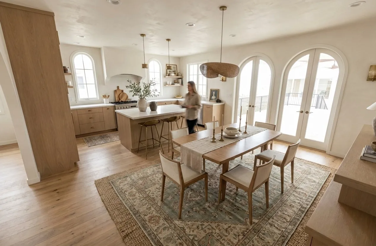 Olive Ave. Cottage Mediterranean: open kitchen and dining room with arched French doors to the patio
