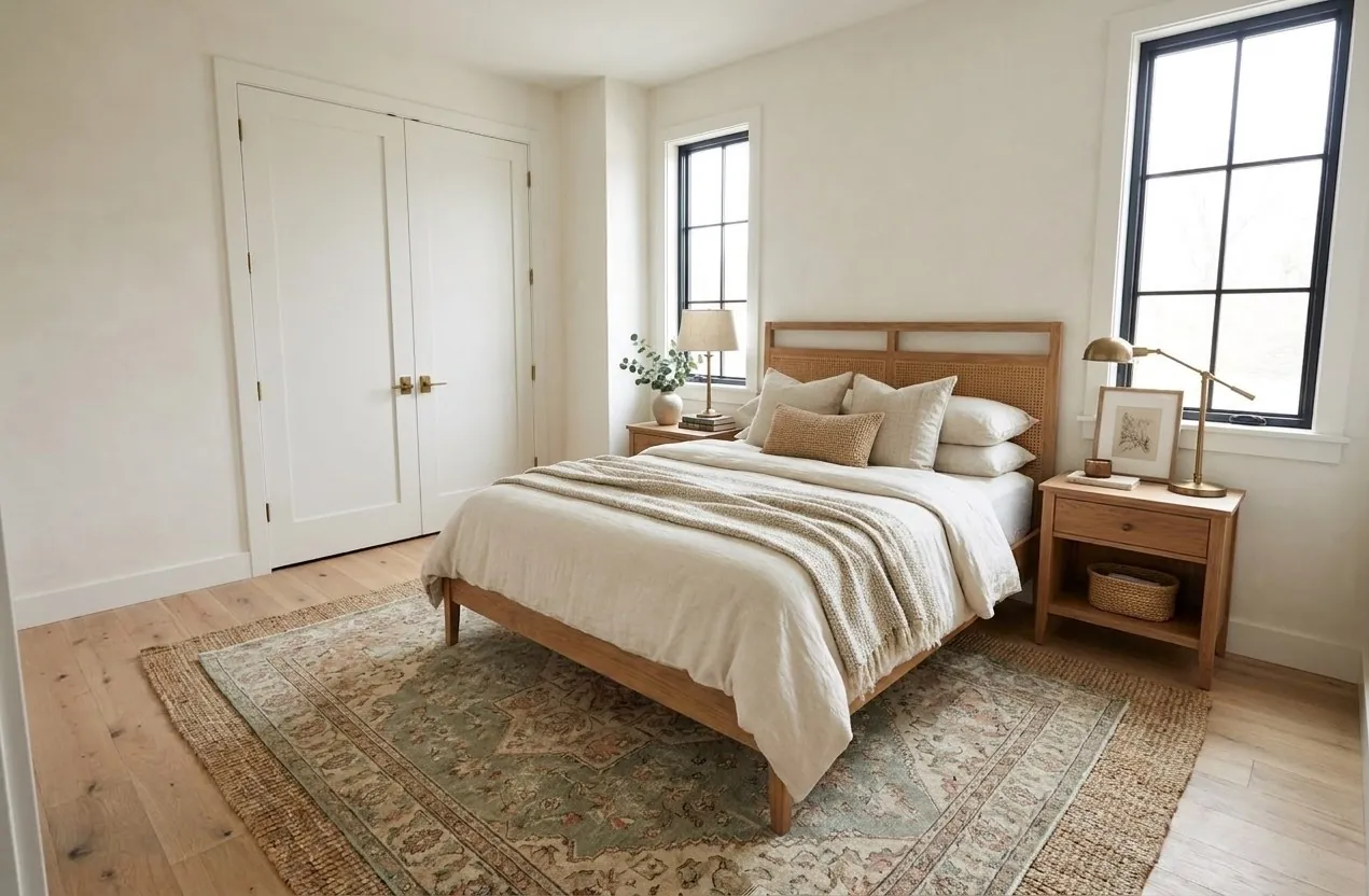 Olive Ave. Cottage Mediterranean: guest bedroom with cane headboard and black-frame windows