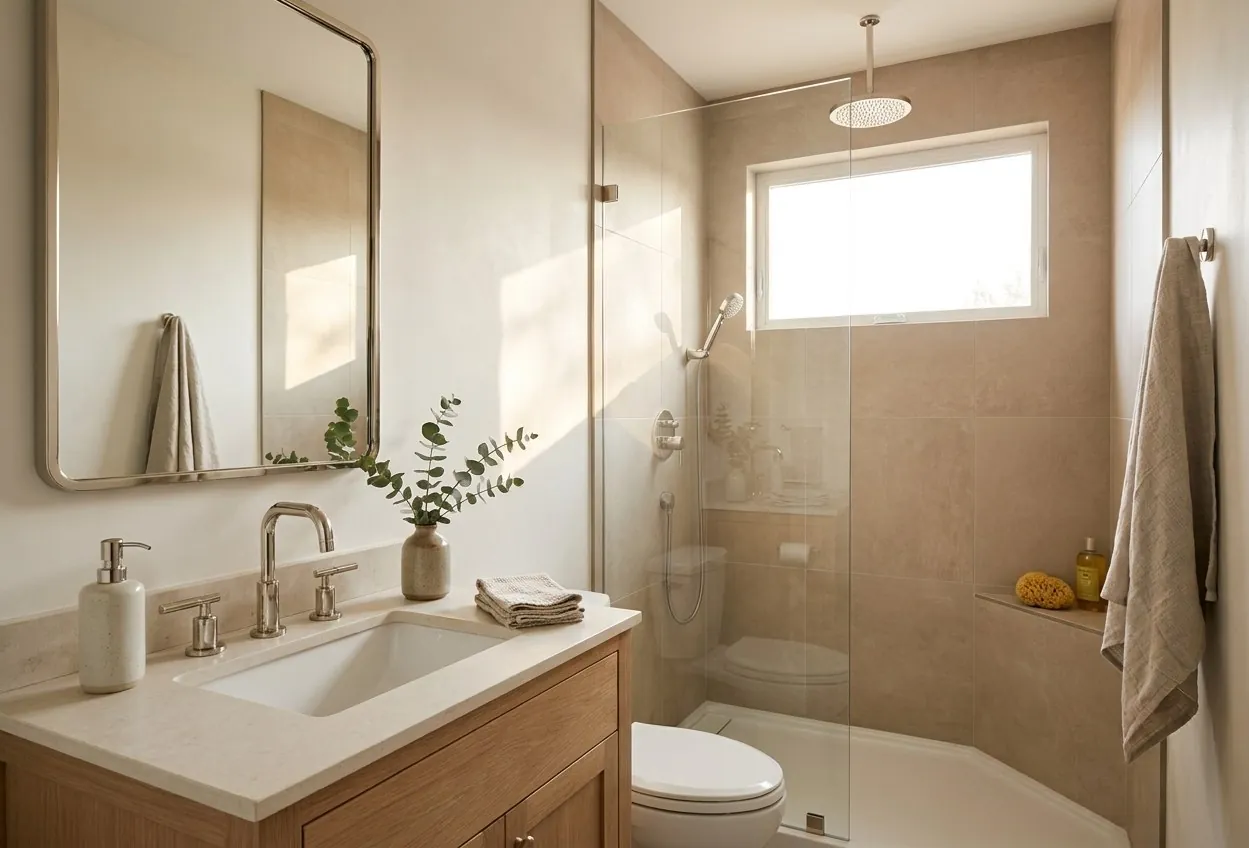 Olive Ave. Cottage Mediterranean: guest bathroom with walk-in shower and oak vanity