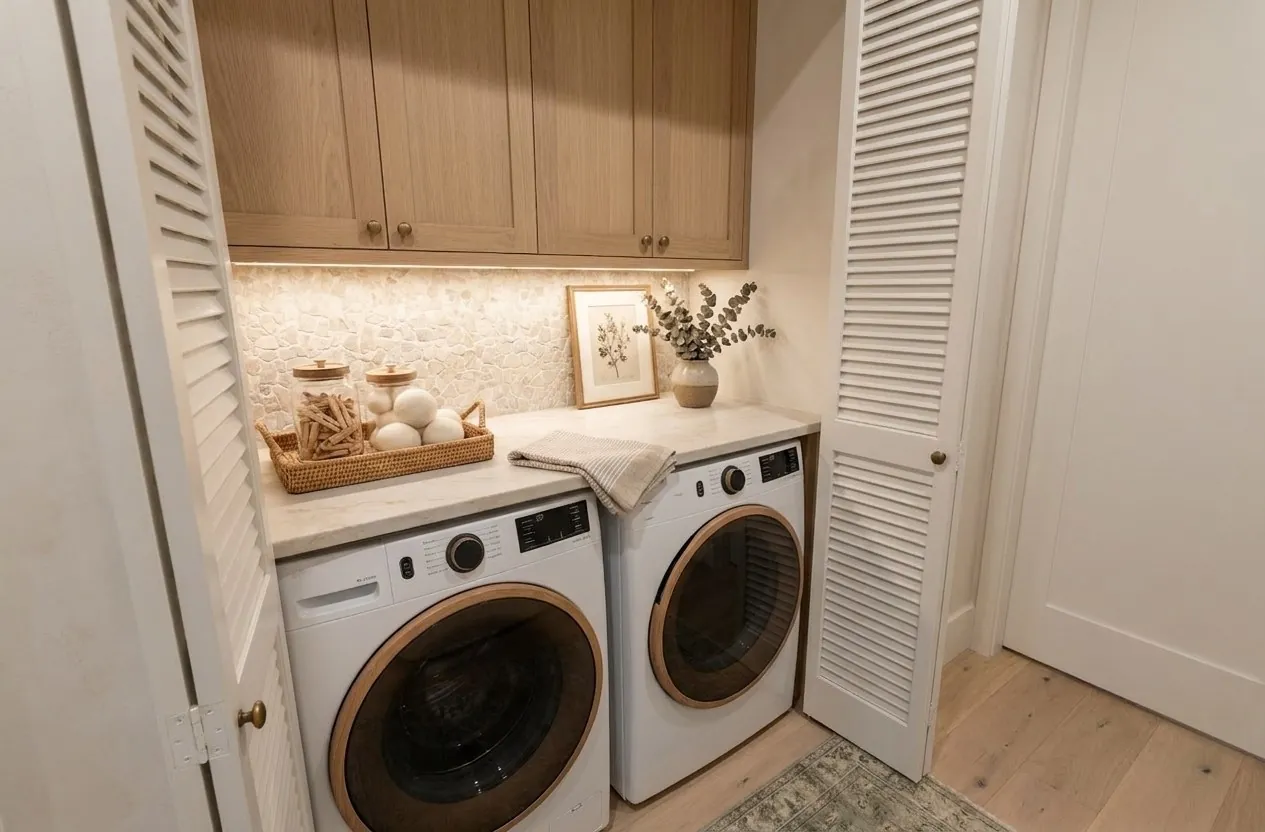 Olive Ave. Cottage Mediterranean: laundry room with white oak cabinetry and pebble tile backsplash