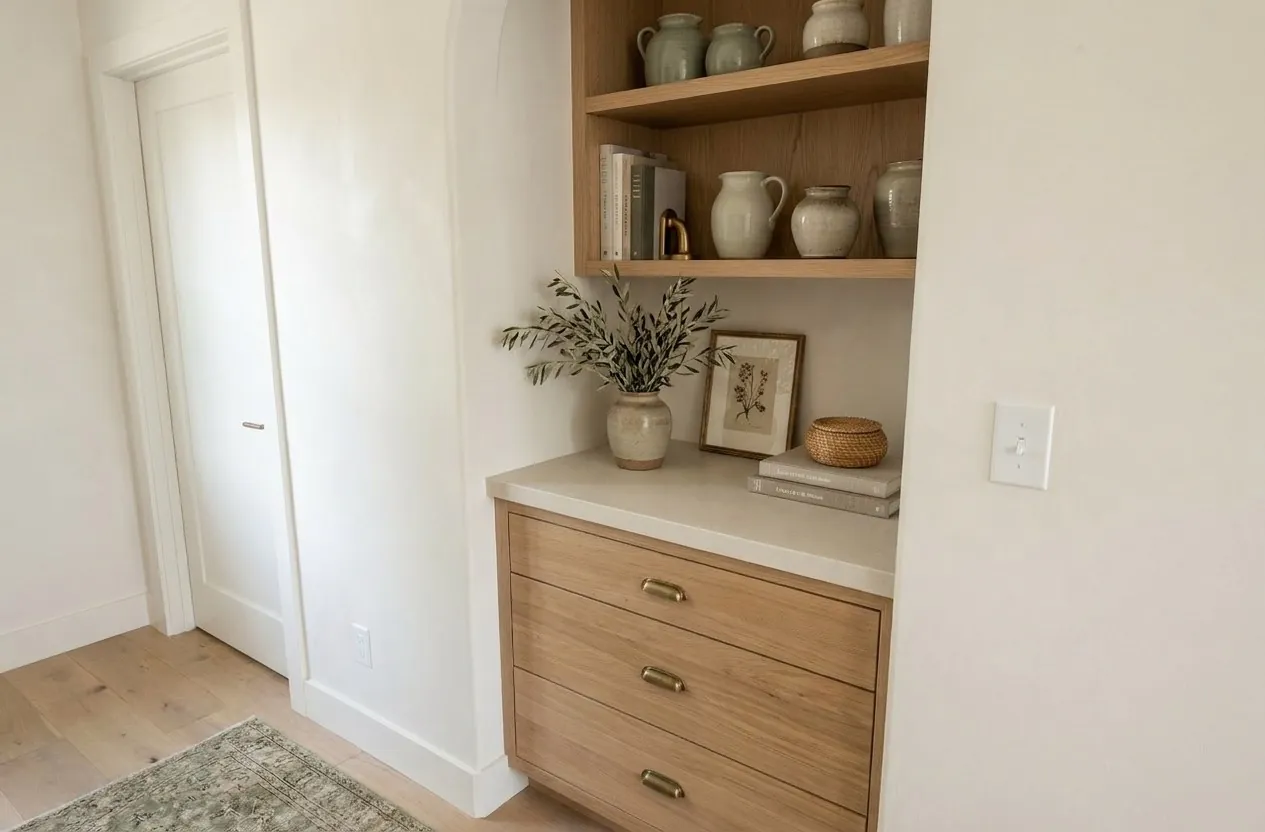 Olive Ave. Cottage Mediterranean: hallway built-in with open oak shelving