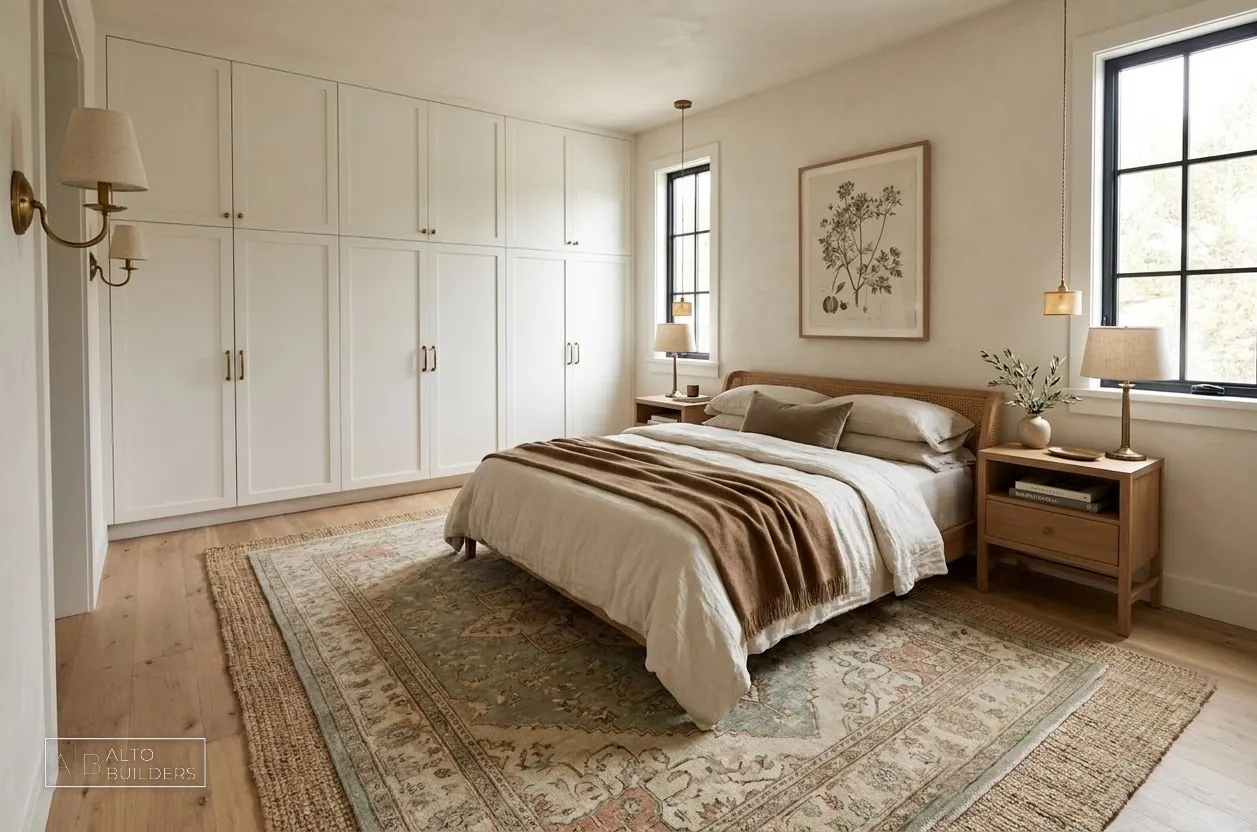 Olive Ave. Cottage Mediterranean: primary bedroom with full-wall built-in wardrobes