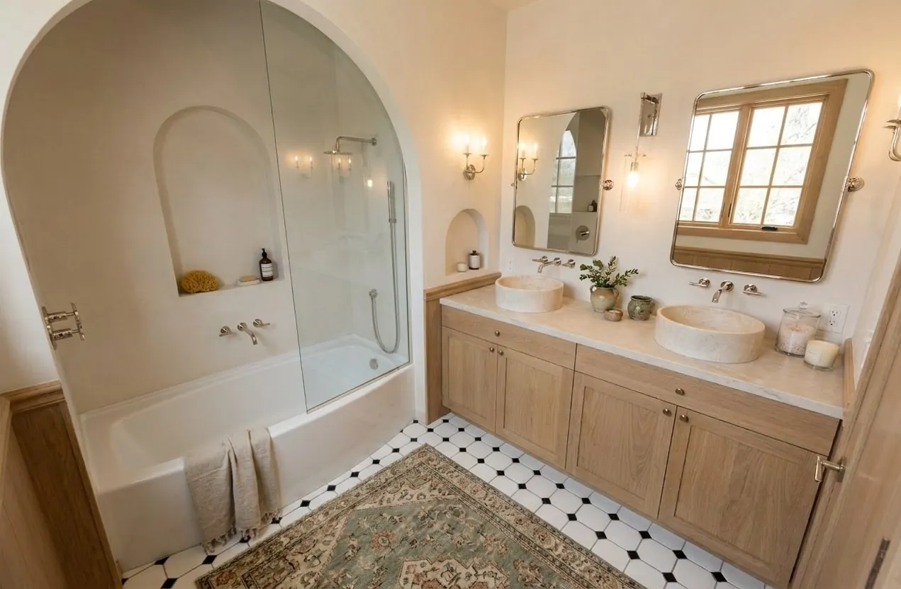 Olive Ave. Cottage Mediterranean: primary bathroom with arched plaster tub alcove and dual vanities