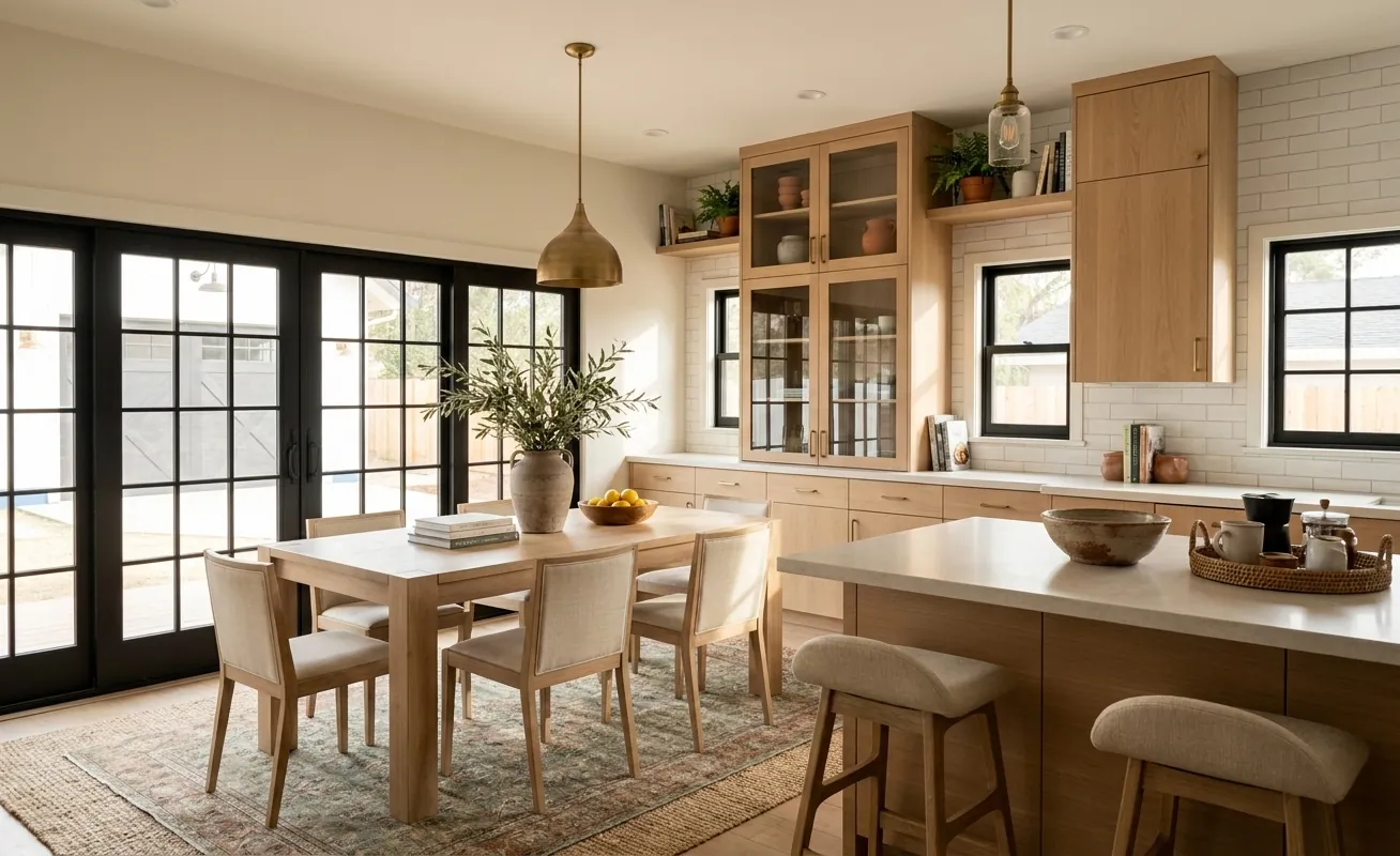 Poppyfields: oak kitchen and dining room with black steel French doors